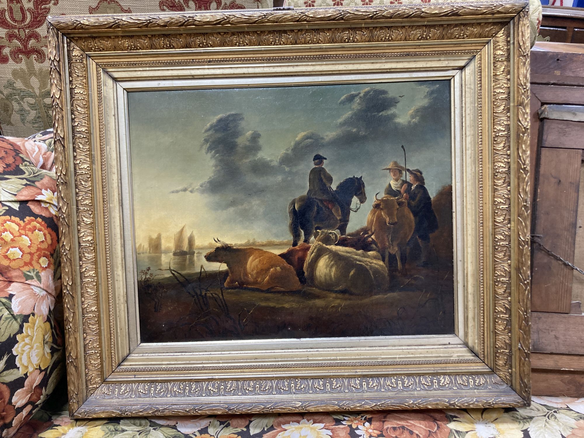 Follower of Aelbert Jacobsz Cuyp, oil on canvas, Cattle and drover by a river estuary, 40 x 50cm